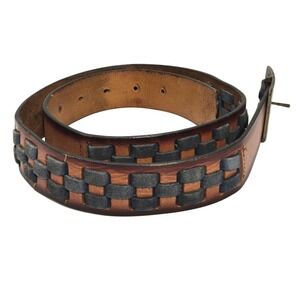 VTG Leegin Western Leather Belt 36 Brown Blue Woven Tooled Cowboy Boho USA Made